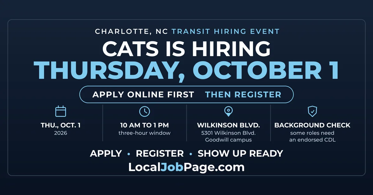 CATS Is Hiring Thursday, October 1 on Wilkinson Boulevard: Apply First, Then Register