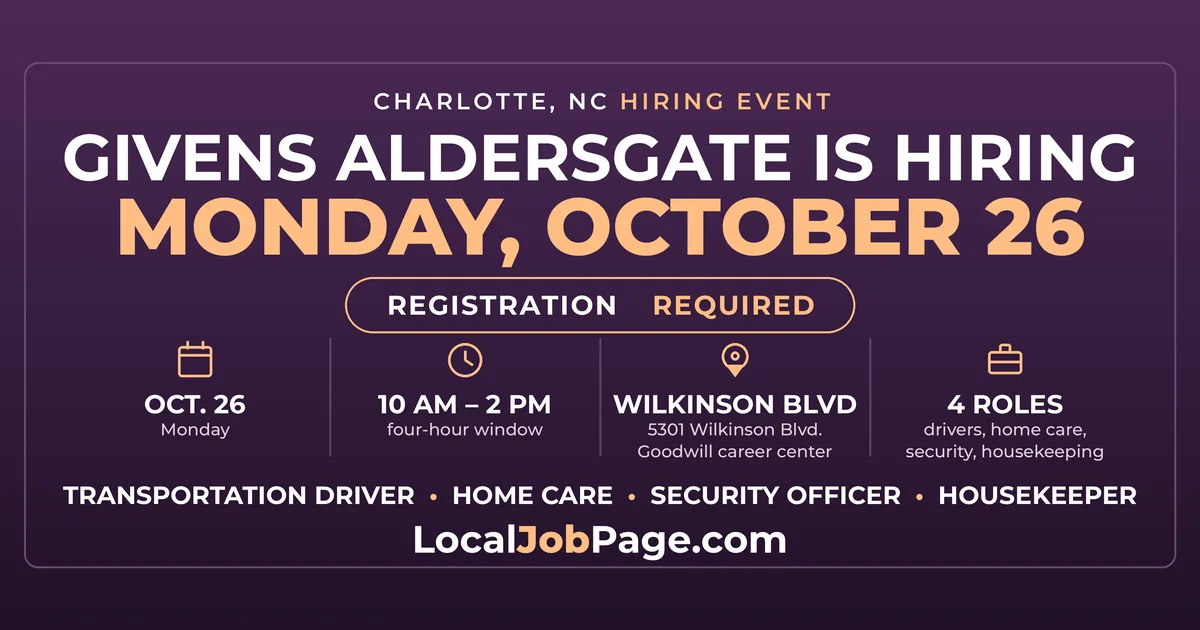 Givens Aldersgate Hiring Event Oct. 26: Driver, Home Care, Security and Housekeeping Jobs in Charlotte
